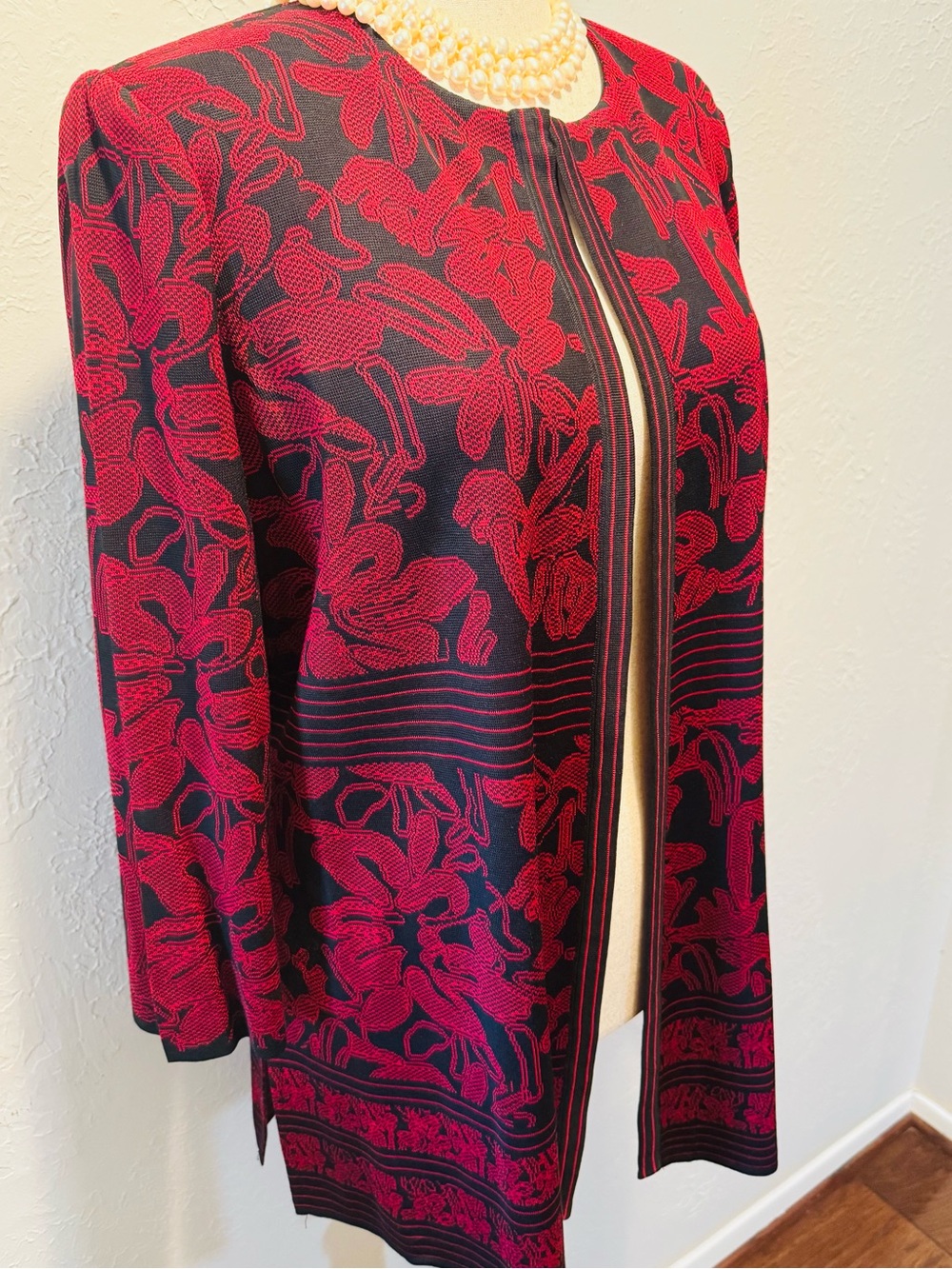 Ming Wang Red and Black Floral Longline Open Jacket